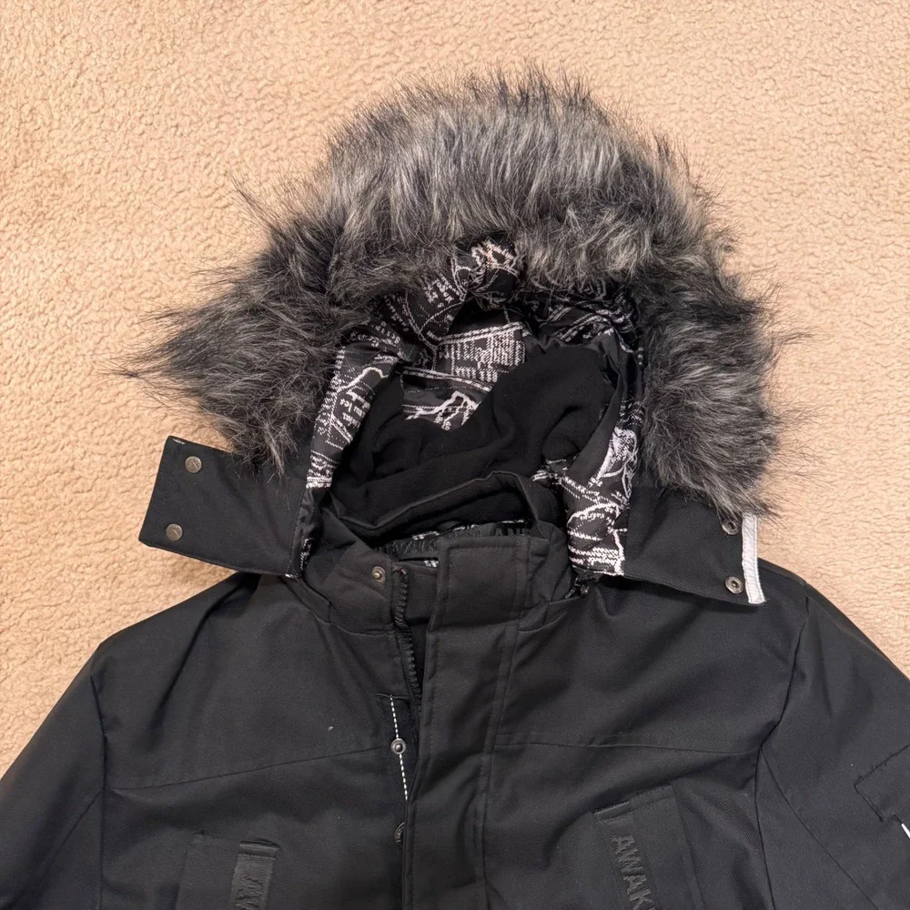 Awaknd Land Mens Heavyweight Parka Black Faux Fur Hood Tech Winter‎ Coat Sz XL